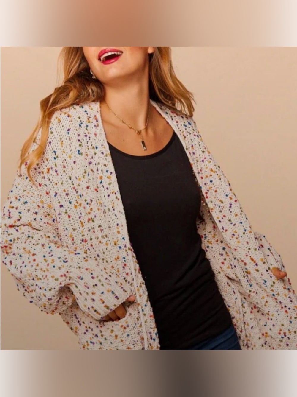moon & madison Cream Speckled Open-Front Cardigan